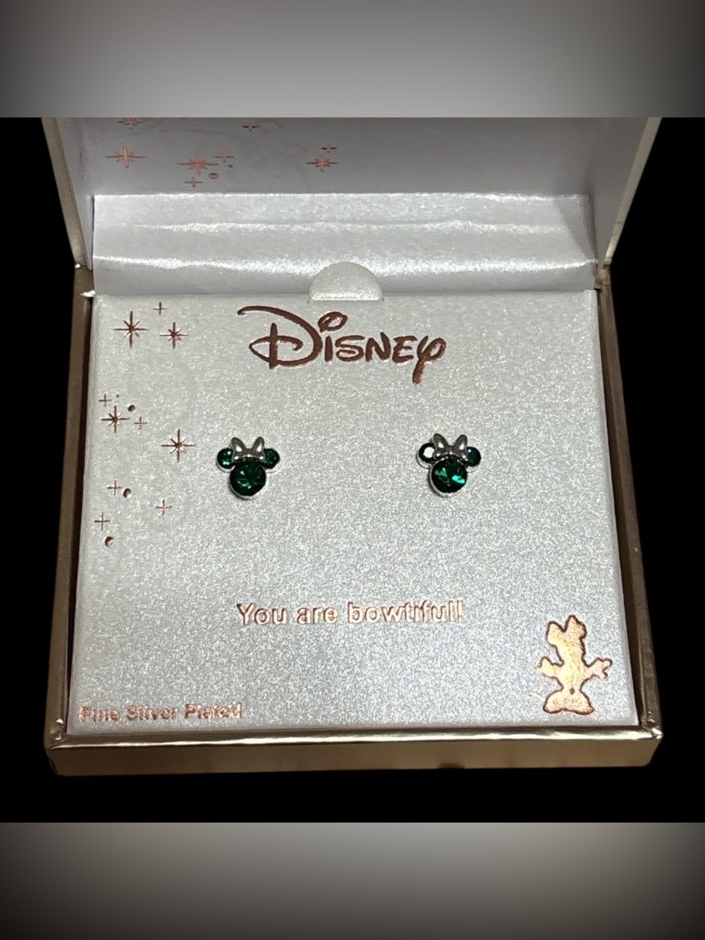 Disney Emerald Green Minnie Mouse Crystal Stud Earrings - Silver Plated